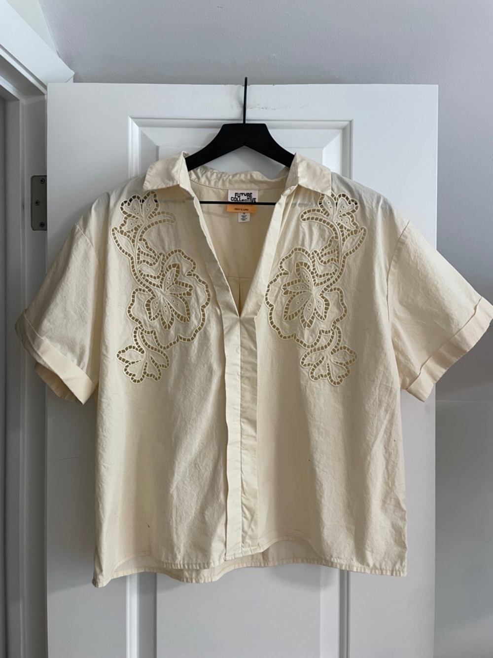 Johnny Was Cream Floral Cutwork V-Neck Shirt